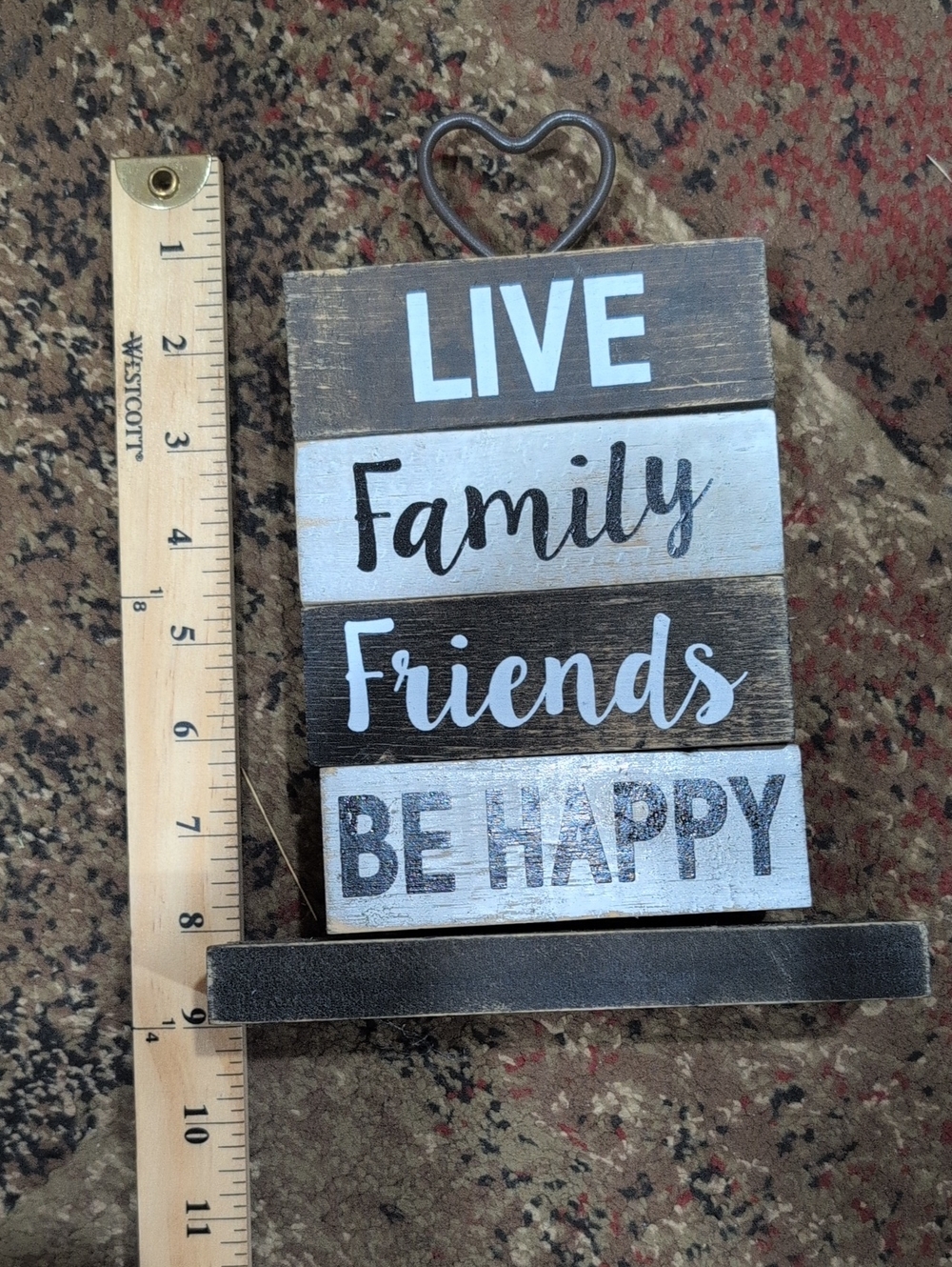 Live Family Friends Be Happy Wooden Shelf Sitter- Brown & White..Wood/Metal